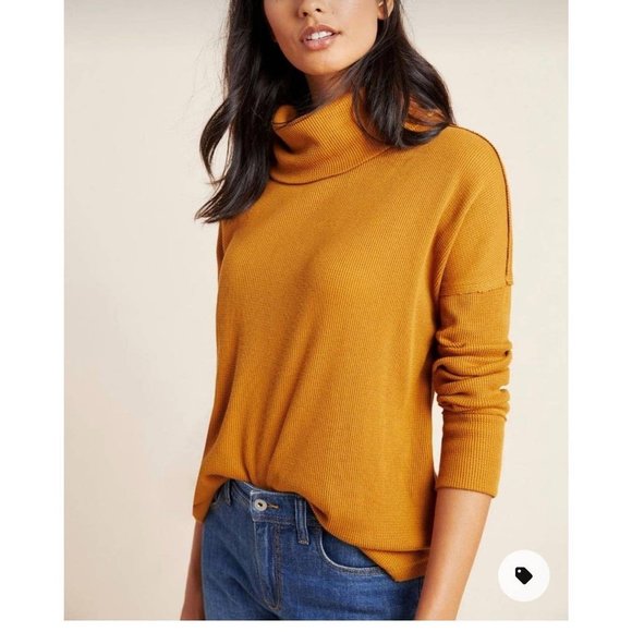 Anthropologie Maeve Waffle Thermal Knit Cowl Neck Long Sleeve Top Mustard Sz XS - Picture 1 of 7
